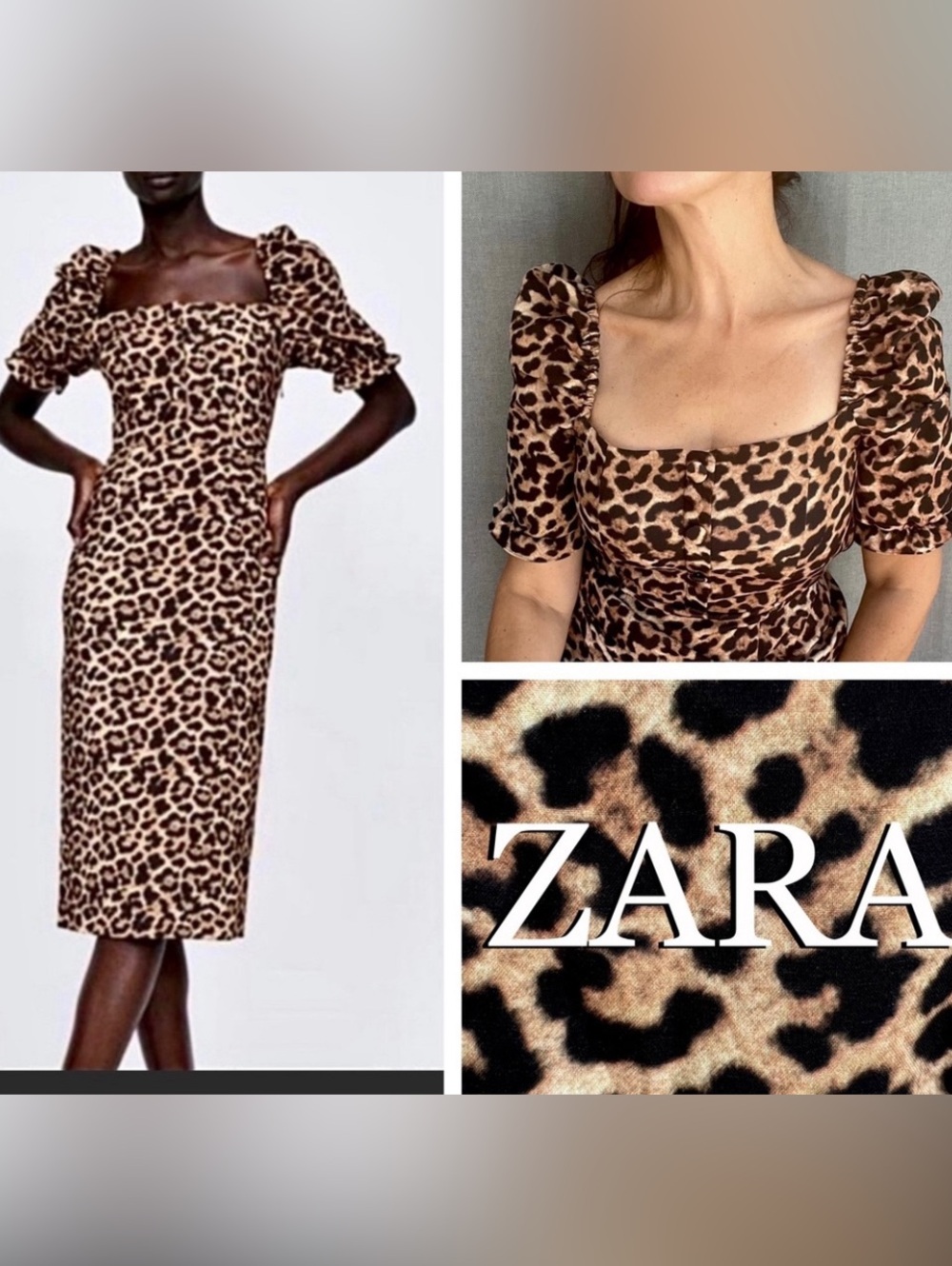 ZARA Woman leopard pencil puffy sleeves jersey midi dress size S